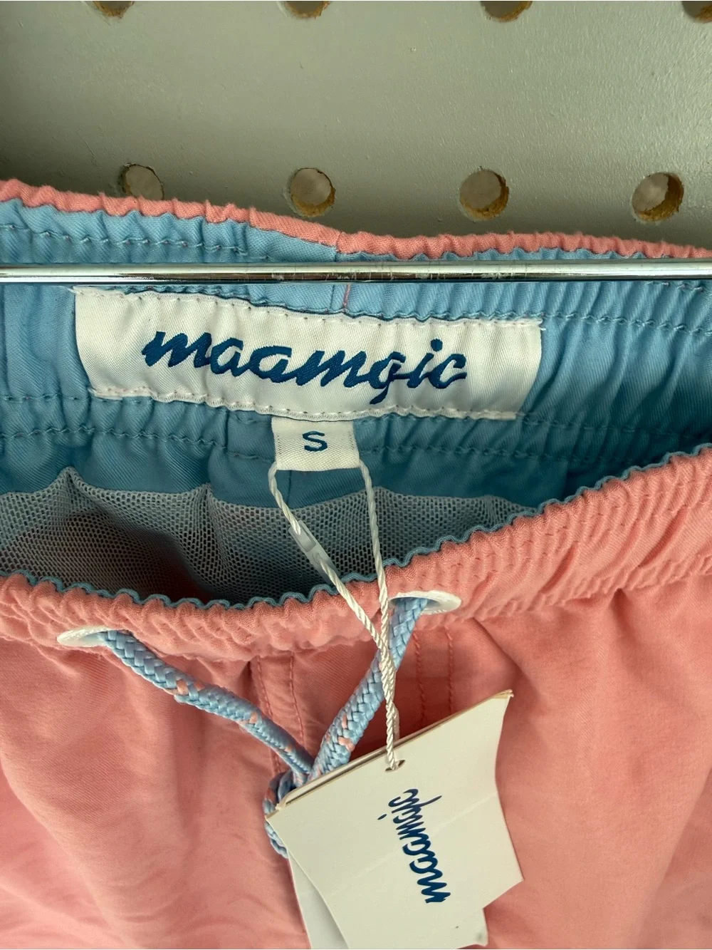Maamgic  Men's Pink Swim Trunks with Light Blue Drawstring